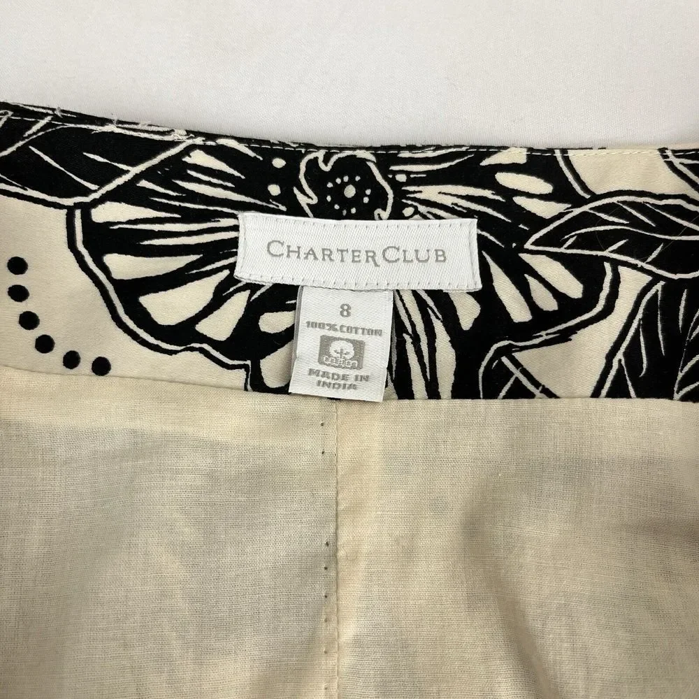 Charter Club Pleated Midi Skirt Cream Black Floral Flower A-Line‎ Womens Size 8
